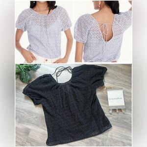 J. Crew V-Back Puff Sleeve Black Eyelet Top w Built In Tank. Size 12